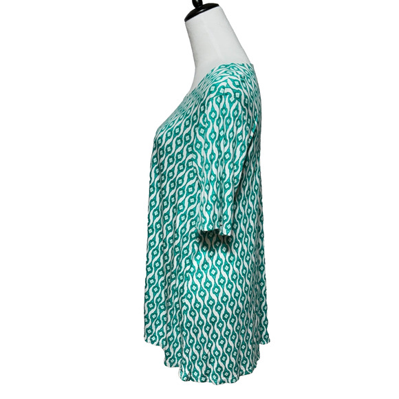 Chicos Top Womens Large 2 Green White Shark Bite Hem Modal Scoop Neck Tunic Tee - Picture 6 of 9